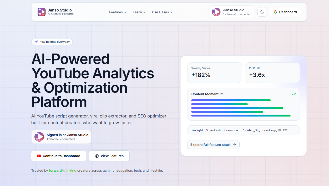 Janso Studio dashboard preview showing YouTube analytics and creator workflow tools